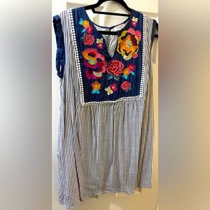Andree Blue Stripes Dress Embroidered Flowers Size Large fits smaller in size